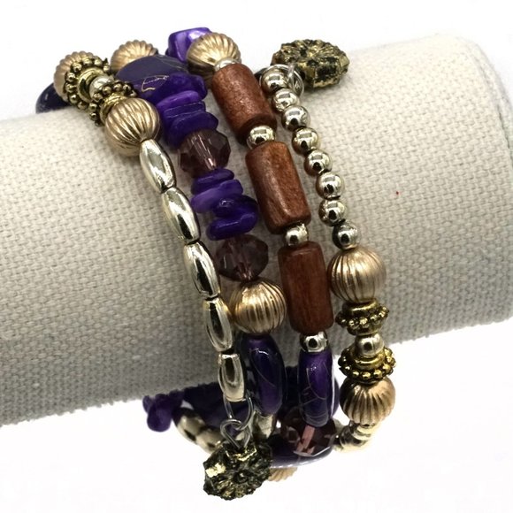 Bracelet Purple, Gold, Brown beads. Memory Wire & 2 charms. - Picture 2 of 2
